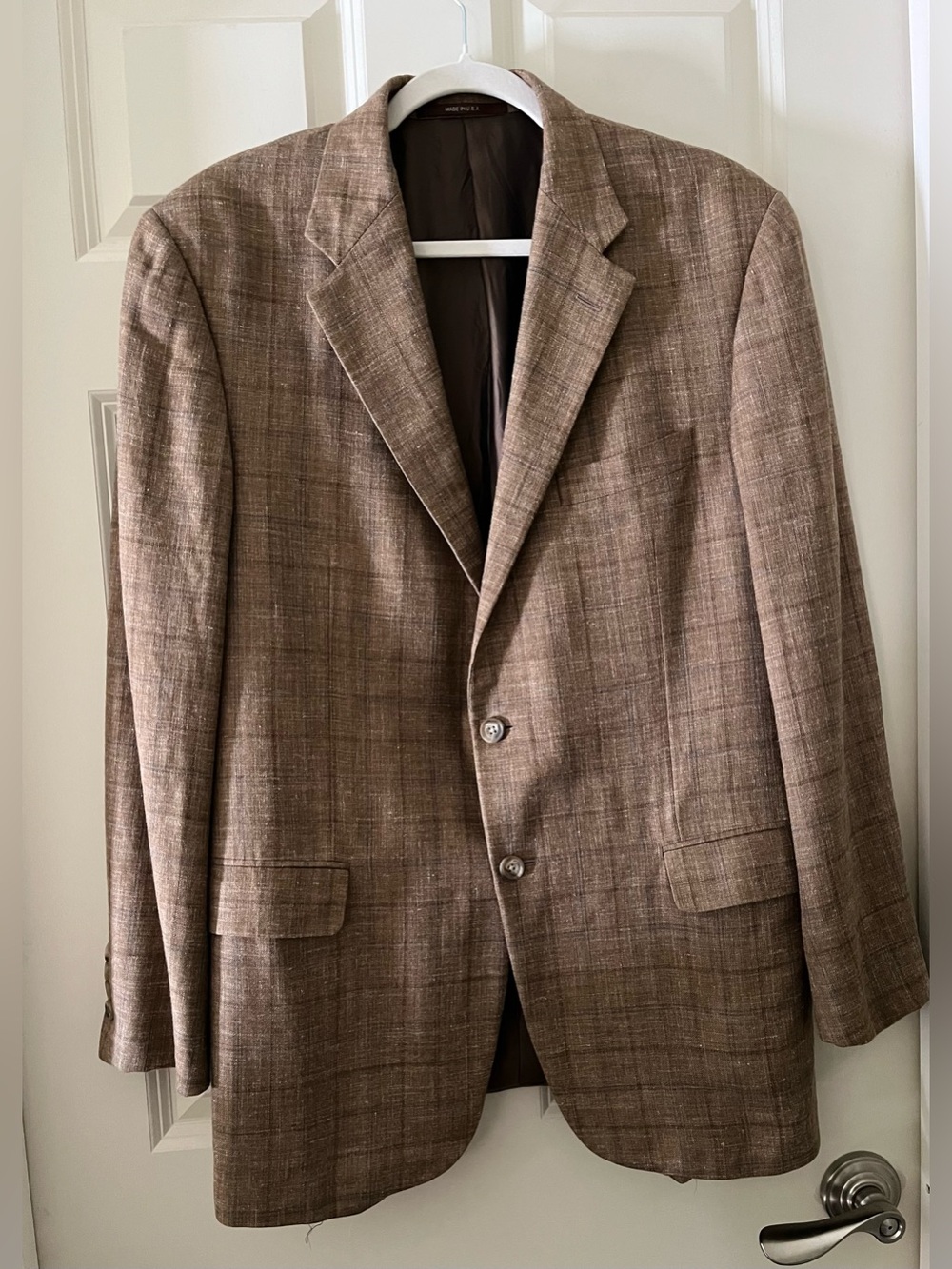 Hickey Freeman Sport Coat Blazer 42R Brown Plaid Wool Silk Linen Addison Model